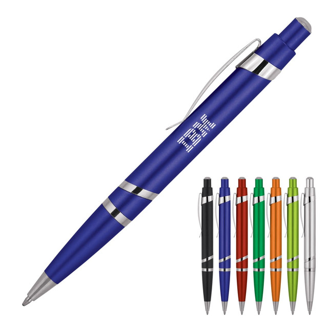 A blue ballpoint pen with silver accents and a clip, displayed alongside pens in various colours including black, red, green, orange, and silver.