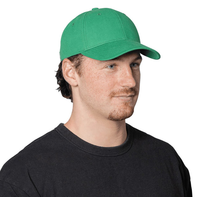 A green organic cotton twill cap with a structured design and a curved brim, featuring a logo. A green organic cotton twill cap with a structured design and a curved brim, featuring a logo.