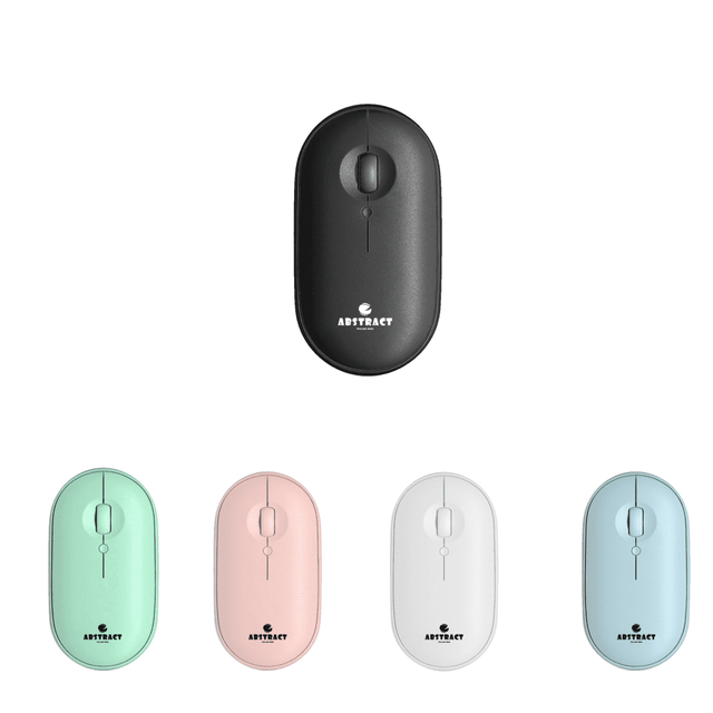 A Slim Wireless Travel Mouse in black, mint green, pale pink, white, and light blue, featuring a logo.