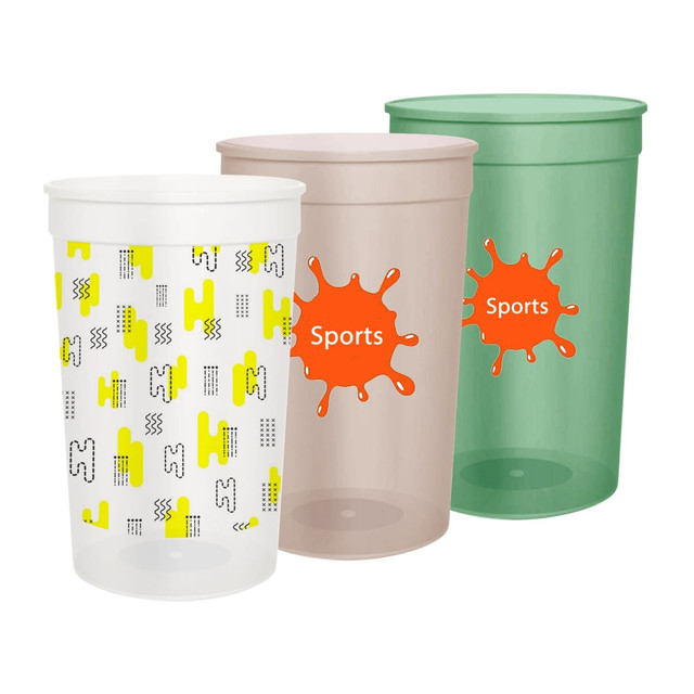 A set of three 650ml translucent plastic stadium cups in white, beige, and green, featuring various designs and logos.