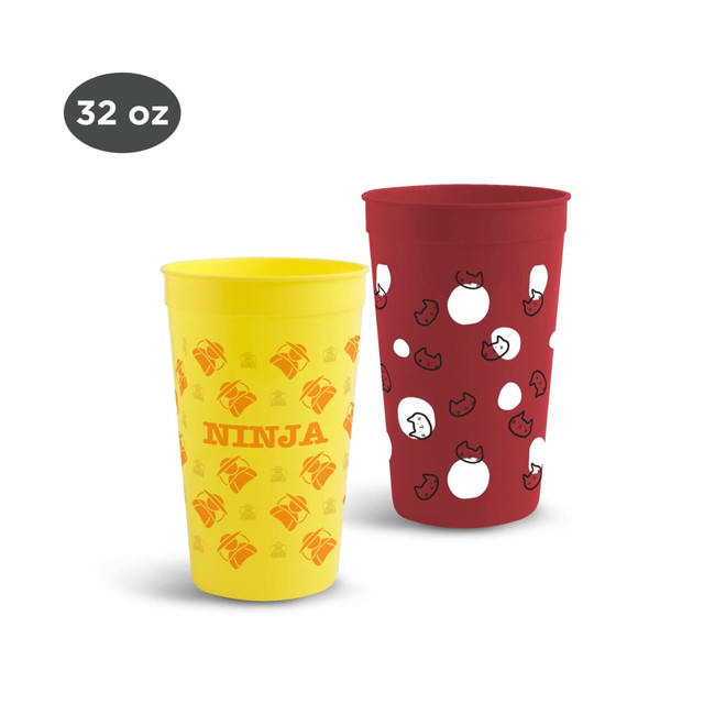 Two plastic stadium cups, one yellow with ninja designs and one red with white patterns, both 946ml in size.