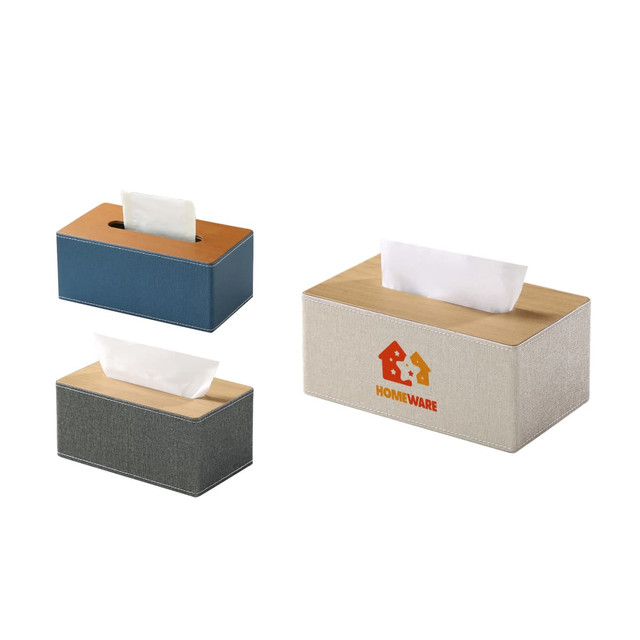 A medium tissue box in grey, blue, and cream, with a wooden lid and branding. 