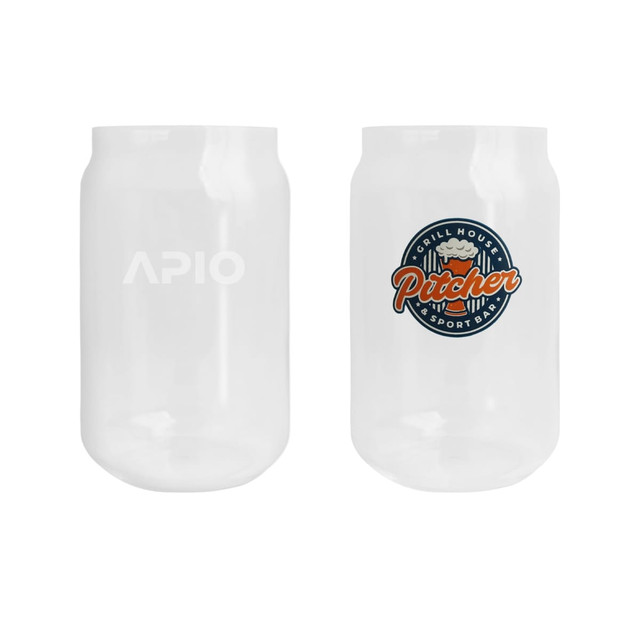 A drink bottle in a can shape, featuring clear glass with a logo. The design is simple and modern.