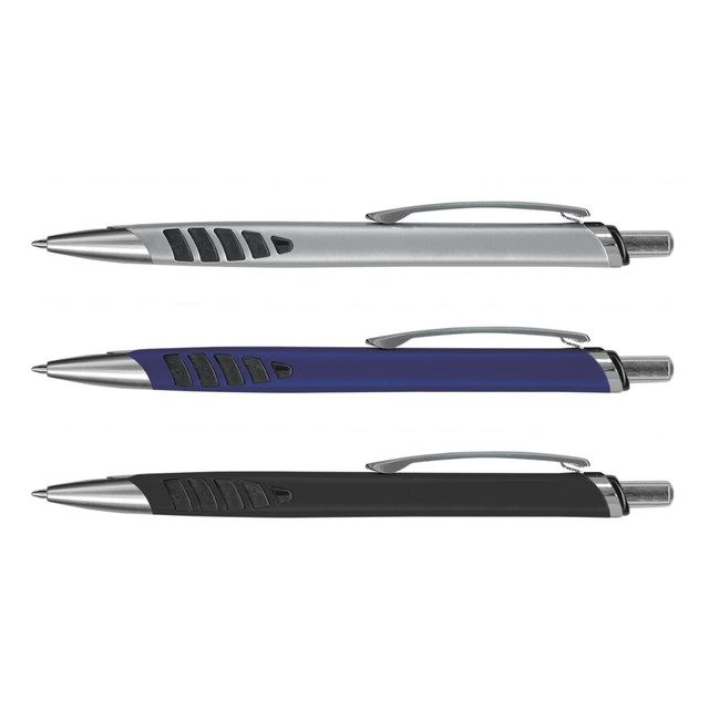 Three plastic pens in silver, blue, and black, featuring a textured grip and a clip for attachment. Each pen has a logo.
