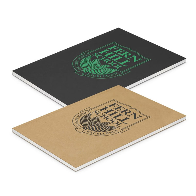 Two large notebooks are displayed, one in black with green branding and the other in a brown kraft design, both featuring logos.