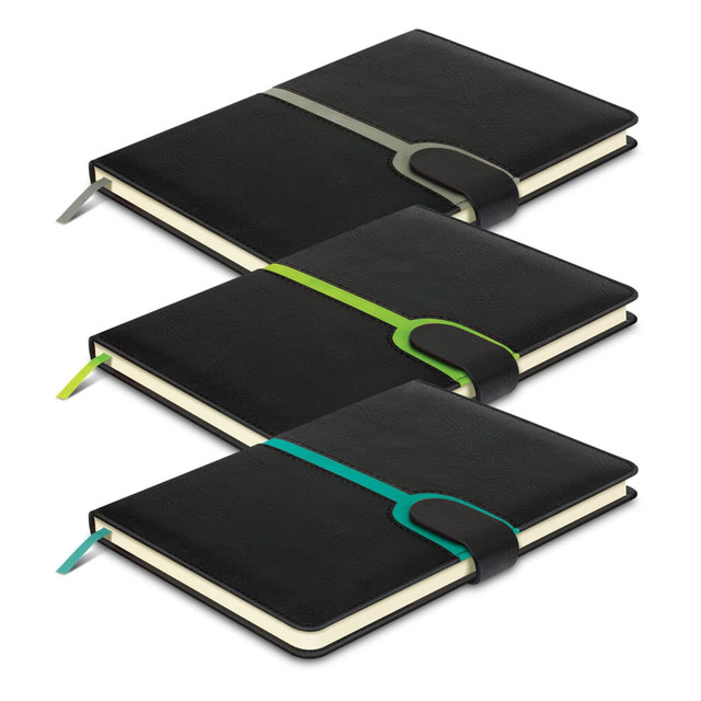 A set of three black notebooks with coloured elastic bands in grey, green, and blue. Each notebook has a bookmark.