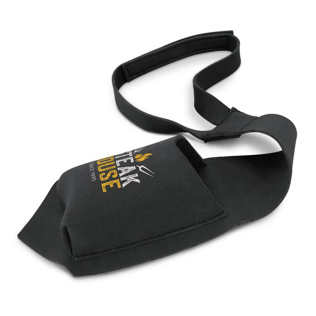 A drink bottle holder in black with a logo, featuring a strap for easy carrying. Ideal for keeping beverages cold.