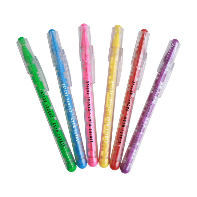A set of six colourful pens in green, blue, pink, yellow, red, and purple, featuring a transparent design and a logo.