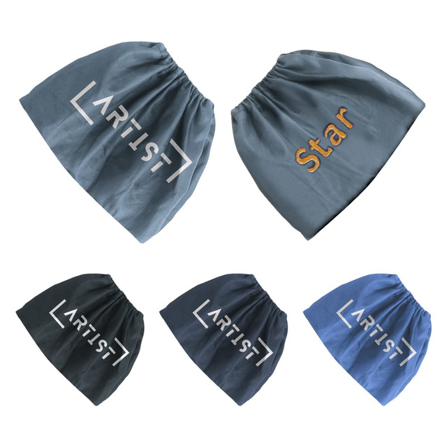 A collection of waterproof boot covers in grey, black, and blue, featuring various designs and a logo.