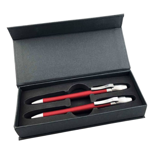 A red metal pen gift set featuring two pens, displayed in a black presentation box with a fitted interior. A red metal pen gift set featuring two pens, displayed in a black presentation box with a fitted interior.