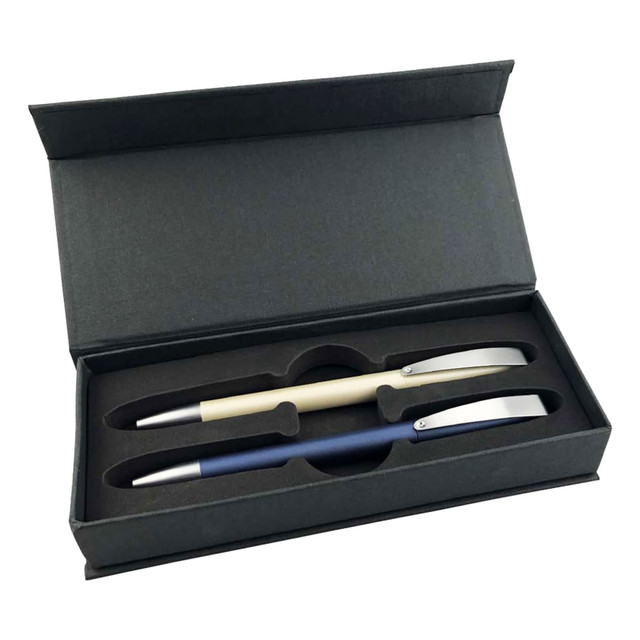 A black gift box containing two metallic pens: one in cream and one in navy, resting in a foam insert. A black gift box containing two metallic pens: one in cream and one in navy, resting in a foam insert.