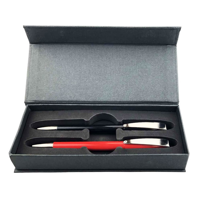 A pen gift set featuring a black and a red plastic pen, presented in a sleek grey box. A pen gift set featuring a black and a red plastic pen, presented in a sleek grey box.
