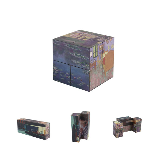 A 3D magic cube featuring vibrant artistic designs, including scenes of water lilies and a cosy interior, with a logo.