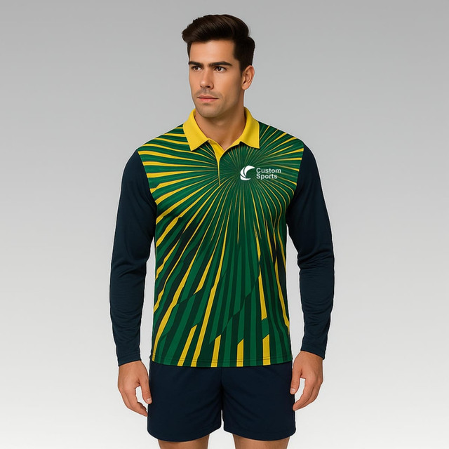 A long-sleeved polo featuring a green and yellow design, with a logo on the chest.