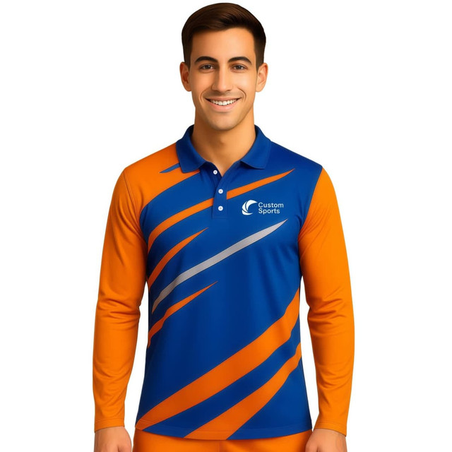 A long-sleeved polo shirt in blue and orange with a logo, featuring a dynamic design.