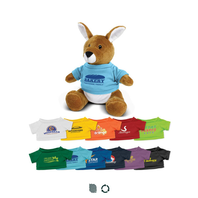 A plush kangaroo toy wearing a blue shirt, with various smaller shirts of different colours displayed below.