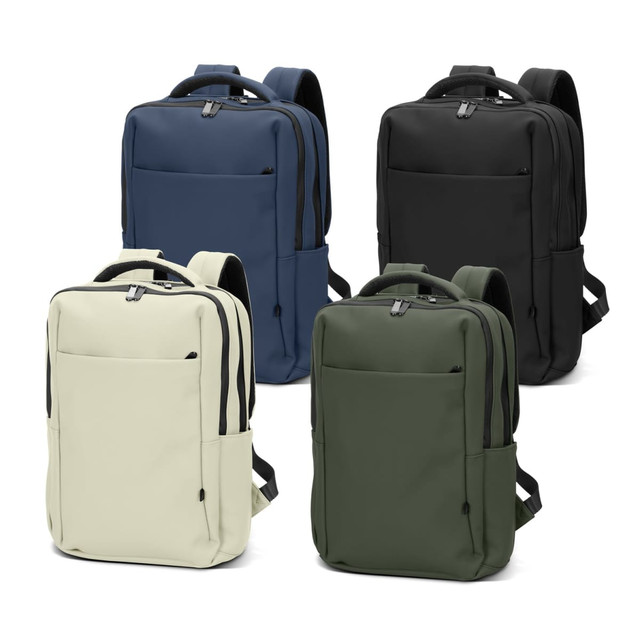 A collection of four backpacks in navy, black, cream, and olive green, featuring a sleek design and branding.