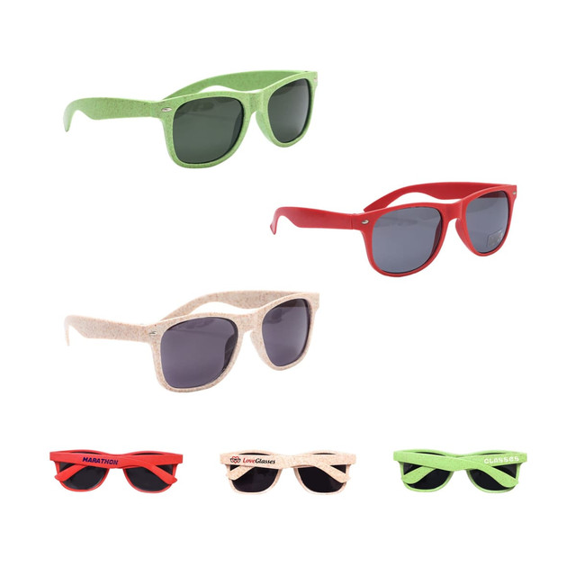 A collection of Wheat Straw sunglasses in green, red, and beige with dark lenses and various logos.