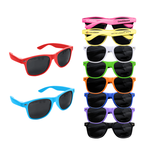 Coloured sunglasses in red, blue, green, purple, yellow, and pink, with black lenses and branding on some frames.