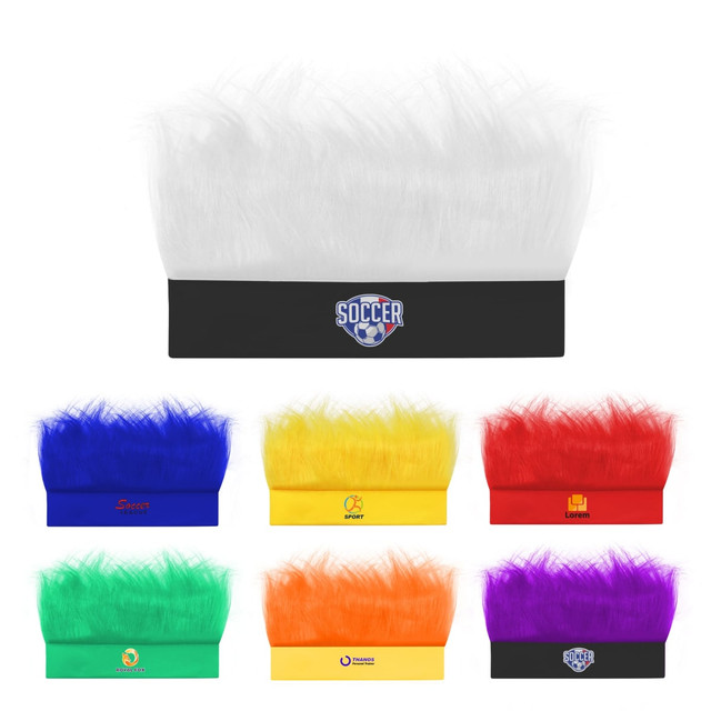 A set of colourful headband wigs in various shades, including white, blue, yellow, green, red, and purple, with logos.