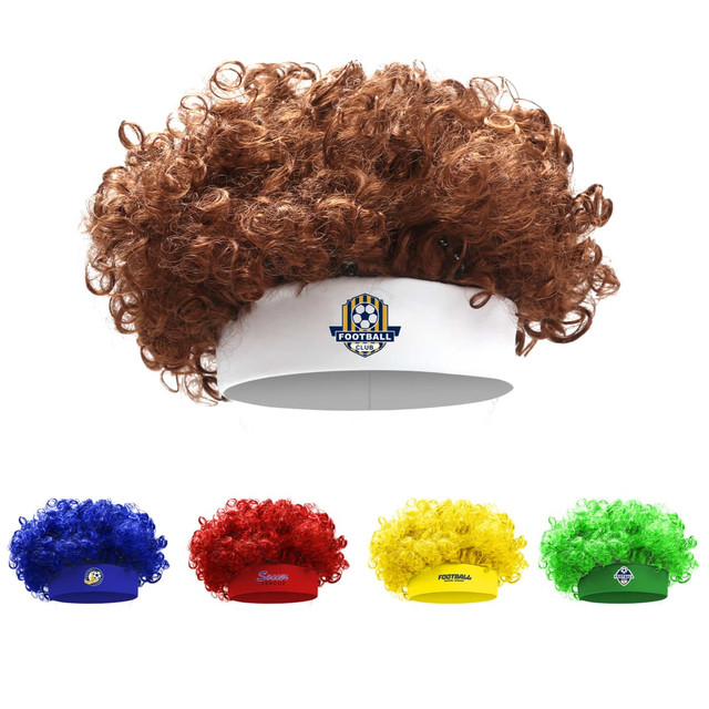 A brown curly wig headband with a white band and various coloured curly wigs in red, yellow, green, and blue.
