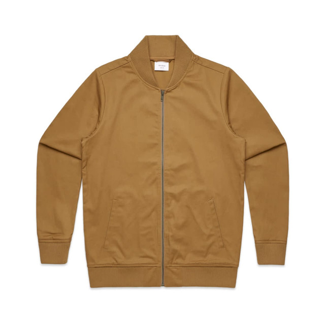 A brown bomber jacket featuring a zip closure and ribbed collar, with a logo on the label.