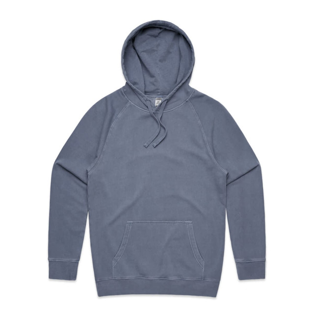 A faded blue hoodie with a front pocket and a drawstring hood. It features a subtle logo.