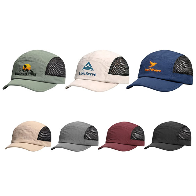 A collection of seven 5-panel short-brimmed mesh running caps in various colours, featuring logos on some.