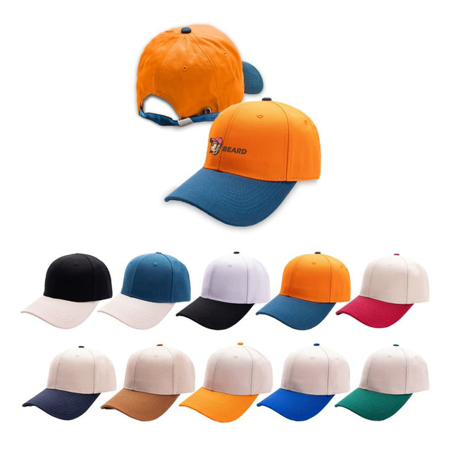 A collection of 6 panel adjustable baseball caps in various colours, including orange, blue, black, and red, with logo details.