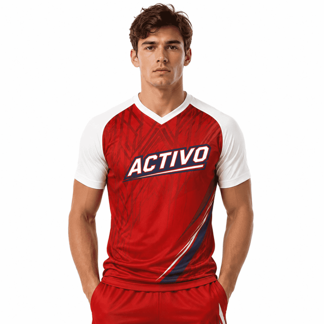 A red and white V-neck raglan sport tee shirt made from 100% polyester micro mesh, featuring a logo.