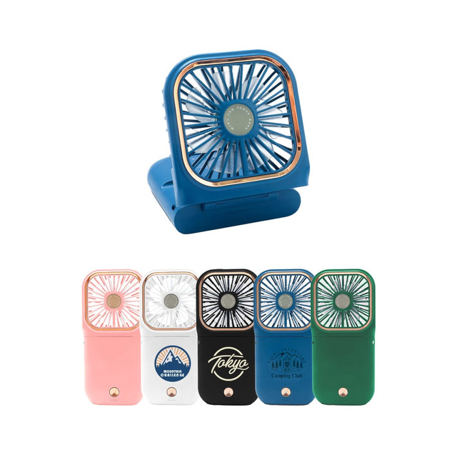A blue folding neck fan with a phone stand, alongside fans in pink, black, white, and green. Each fan features a visible logo.