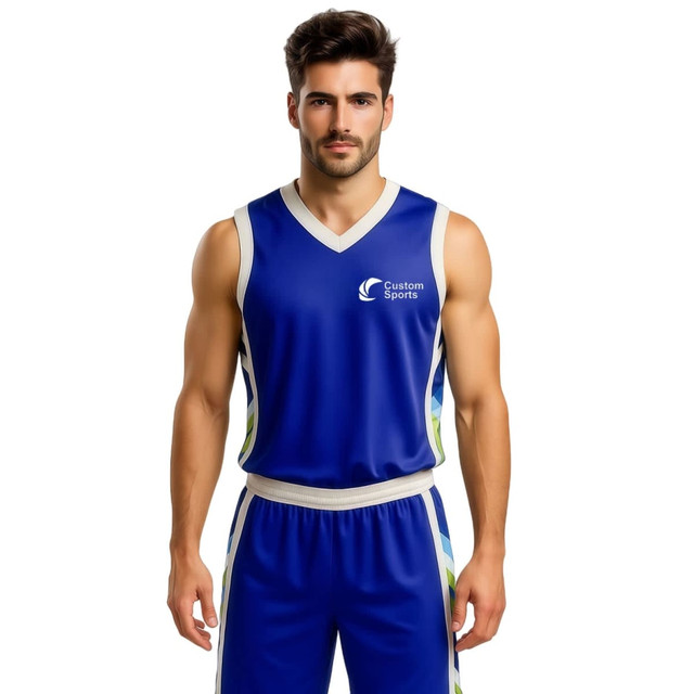 A sleeveless sport jersey in blue with a logo, featuring a V-neck design and breathable fabric.