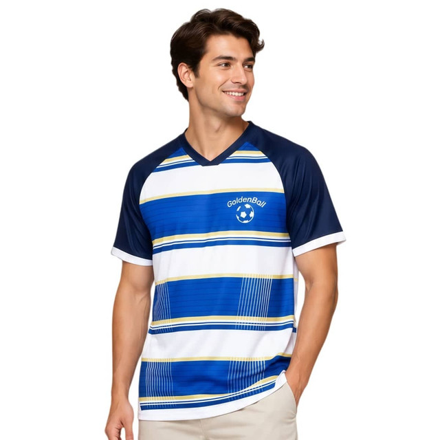A blue and white striped V-neck raglan T-shirt with short sleeves, featuring branding on the front.