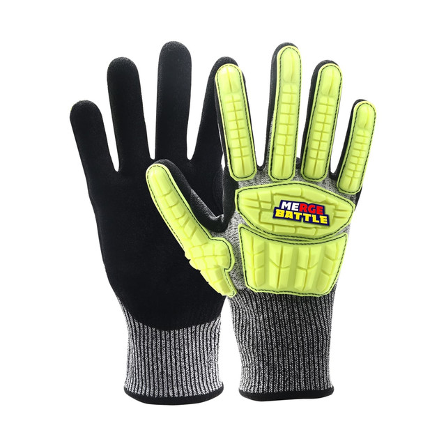 Heavy duty safety work gloves featuring bright yellow protective padding and a black and grey fabric base.