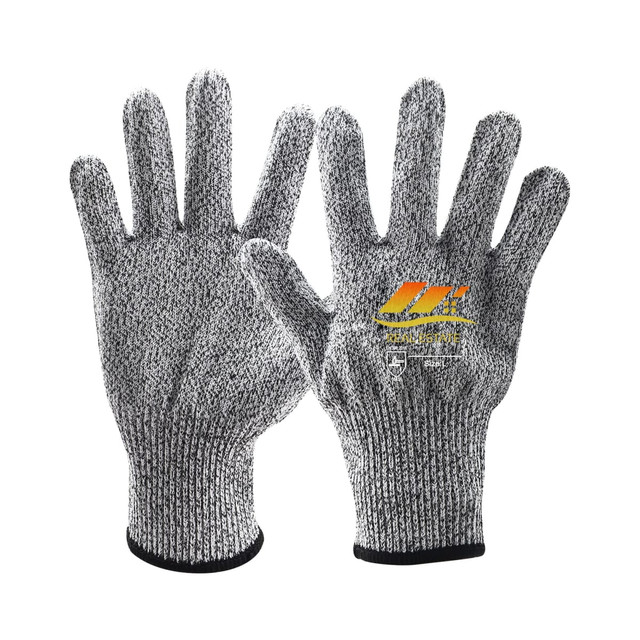 Cut resistant gloves in grey with a textured finish and a small logo on one glove.