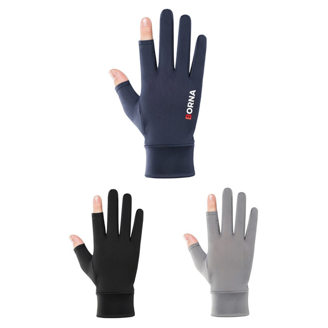 Sun protective gloves with two open fingers, available in navy, black, and grey. Features a logo on the design.