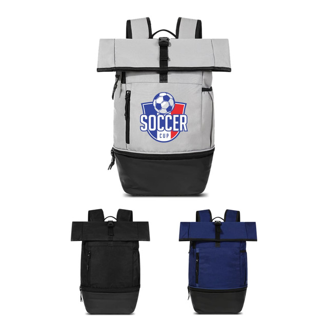 A grey and black Sports Roll Top Backpack with a logo, featuring additional black and navy options below.