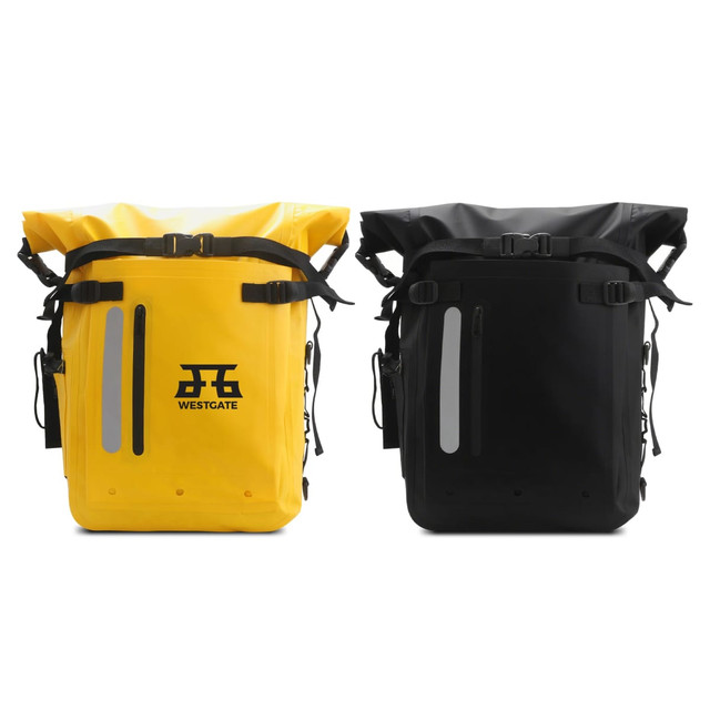 A waterproof roll top backpack in yellow and black, featuring adjustable straps and a logo.