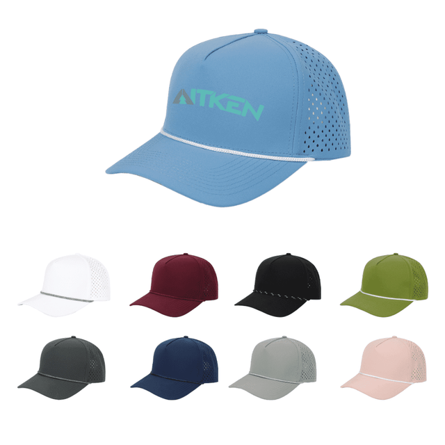 A blue mesh back cap with a logo, featuring various colour options including white, burgundy, black, and green.