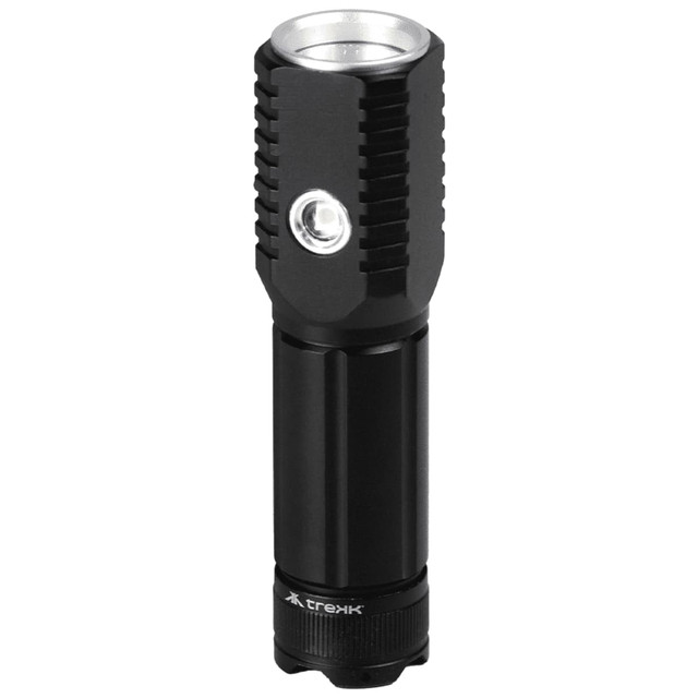 A black LED torch with a cylindrical body and textured grip, featuring a single LED lamp at the top and a logo.