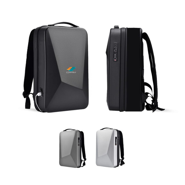 An expandable hardshell backpack in black and grey with a sleek design and adjustable straps, featuring a logo.