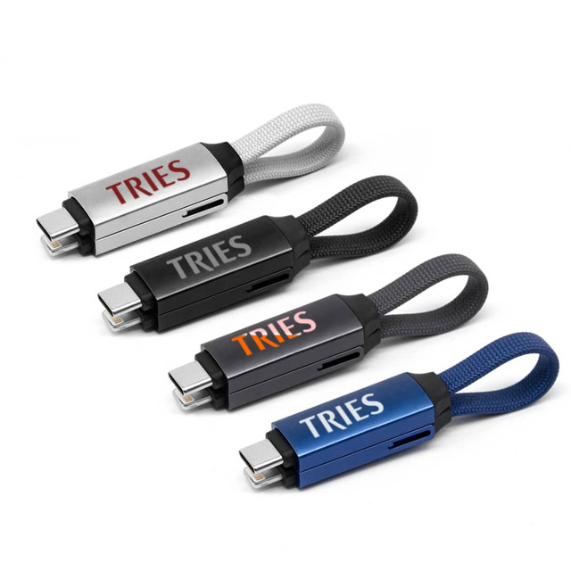 A set of four 60W 3-In-1 aluminium charging cables in silver, black, and blue with woven straps and a logo. A set of four 60W 3-In-1 aluminium charging cables in silver, black, and blue with woven straps and a logo.