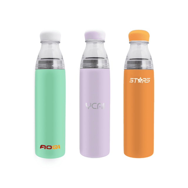 A drink bottle set featuring three stainless steel vacuum bottles in mint green, lavender, and orange, each with a logo.