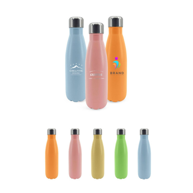 A drink bottle collection featuring pastel blue, pink, orange, and green stainless steel vacuum bottles with various logos.