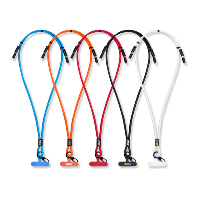 A collection of five 60W Charging Phone Lanyards in blue, orange, red, black, and white, each with a logo.