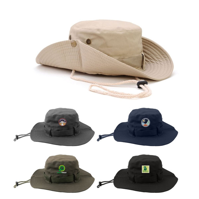 An outdoor brim hat in beige, with a chin strap and ventilation holes, displayed alongside dark grey and navy variations with logos.