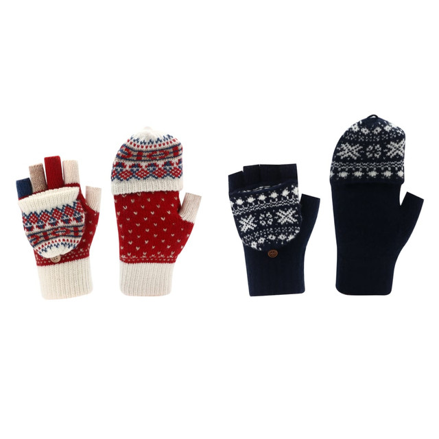 Adults' jacquard fingerless gloves in red and navy with festive patterns, featuring flip covers and a logo.