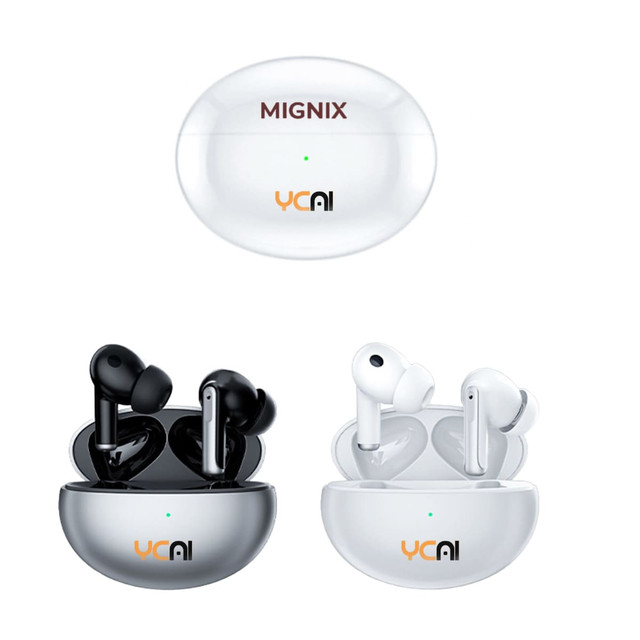 Active noise cancelling wireless earbuds in black and white, stored in a case with a logo. The case is white.