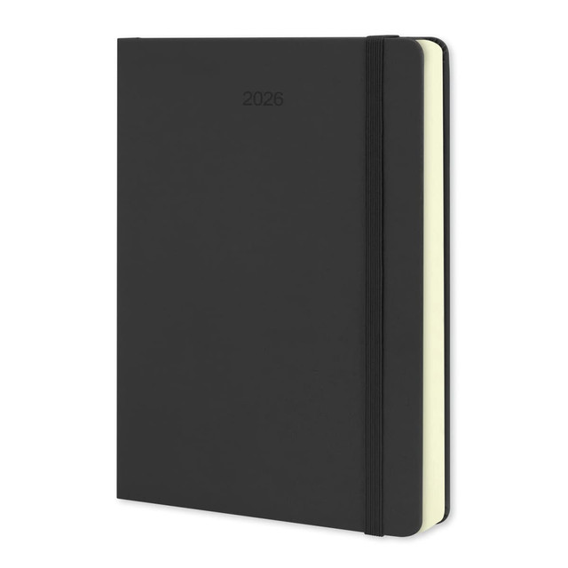 A black 2026 daily planner with a soft cover and an elastic band. Features cream-coloured pages. A black 2026 daily planner with a soft cover and an elastic band. Features cream-coloured pages.
