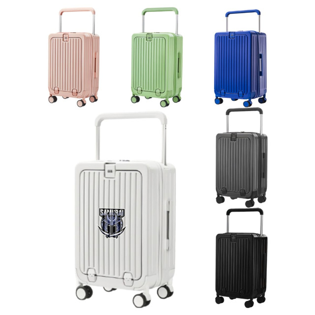 A collection of hardside suitcases in pink, green, blue, purple, white, and black, featuring rolling wheels and a handle.